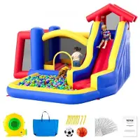 Vevor Oppblåsbart hoppehus, utendørs lekehus-trampoline av høy kvalitet, hoppende hoppeborg med vifte, sklie og oppbevaringspose, hoppeborg for familien i hagen, for barn i alderen 3–8 år, 336 x 336 x