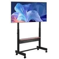 Vevor TV-stativ med hjul, mobil TV-tralle for 55-100 tommers skjermer, høydejusterbart bærbart skjermstativ med skuff, holder opptil 90 kg for stue, soverom, kontor, utendørs maks. VESA 800 x 600 mm