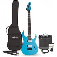 Gear4Music Harlem S 7-Strengs Elektrisk Gitar + 15 W Forsterkerpakke Blue Sparkle