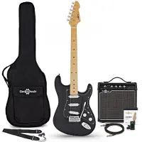 Gear4Music LA Select Elektrisk Gitar Svart 15W Gitarforsterker & Tilbehørspakke