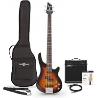 Gear4Music Chicago Bassgitar + 15W Forsterkerpakke Sunburst