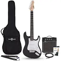 Gear4Music LA Elektrisk Gitar Svart 10W Gitarforsterker & Tilbehørspakke