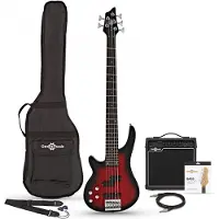 Gear4Music Chicago 5 String Left Handed Trans Red Bass + 15W Forsterker fra