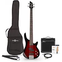 Gear4Music Chicago Bassgitar + 15W Forsterkerpakke Trans Red Burst