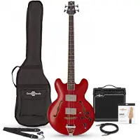 Gear4Music San Francisco Semiakustisk Bassgitar + SubZero V15B Forsterkerpakke Wine Red