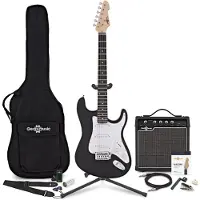 Gear4Music LA Elektrisk Gitar Svart 15W Gitarforsterker og Ultimat Tilbehørspakke