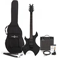 Gear4Music Harlem X Venstrehendt Elektrisk gitar + 15 W Forsterkerpakke Svart