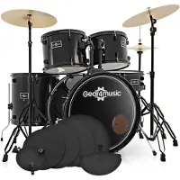 Gear4Music BDK-1plus Full Size Trommesett for Nybegynnere + Øvingspakke Svart