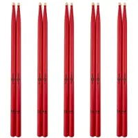 Gear4Music 5A Hickory Wood Tip Drumsticks Red 5 Pack