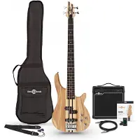 Gear4Music Chicago Neck Thru Bassgitar + 15W Forsterkerpakke Naturlig