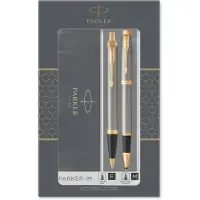 Parker IM Duo Gift Set with Ballpoint Pen & Rollerball Pen | Brushed Metal with Gold Trim | Black Ink Refill & Cartridge | Gift Box