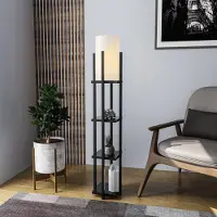 Opviq Gulvlampe 8111 svart, hylle, stoffskjerm hvit