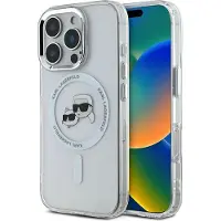 Karl Lagerfeld IML Metall Karl&Choupette Head MagSafe-etui i metall for iPhone 16 Pro - Hvit