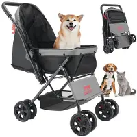 Vevor Dyrevogn, 18 kg vektkapasitet, sammenleggbar hundevogn, 4 hjul kattevogn med nettingvinduer og vendbart håndtak, bærbar dyrevogn med brems, for små til mellomstore kjæledyr