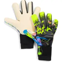 Puma ULTRA Ultimate TEASER Hybrid Goalkeeper Gloves, Accessories, Black/Luminous Purple/Lime Squeeze, 9.5
