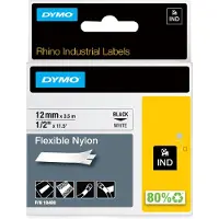 Dymo Rhino fleksibel nylon, 12mm x 3,5m, sort på hvit