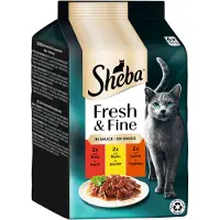 Sheba Økonomipakke Fresh & Fine, poser 72 x 50 g - Storfekjøtt, kylling og lam i saus