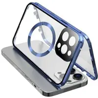 Mtp Products Kompatibel med MagSafe Case for iPhone 15 Pro Magnetisk metallramme + dobbeltsidig telefondeksel i herdet glass med spennelås - Mørkeblå