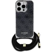 GUESS Crossbody Cord 4G-etui med trykk og nøkkelbånd for iPhone 16 Pro - svart