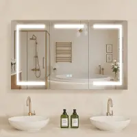 Vevor Opplyst medisinskap med speil, 100 x 60 cm veggmontert, dimbart LED-medisinskap til badet med speil i herdet glass i 3 farger, minnefunksjon/2 justerbare hyller/uttak og USB-porter