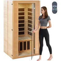 Vevor fjerninfrarød trebadstue, rom-hjemmebadstue-spa for 1 til 2 personer, lav-EMF fjerninfrarød hemlock-badstue i tre med herdet glassdør og flerfarget lampe og Bluetooth-høyttalere og kromoterapily