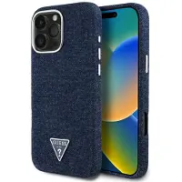 GUESS Denim MagSafe iPhone 16 Pro-etui med trekantlogo - blå
