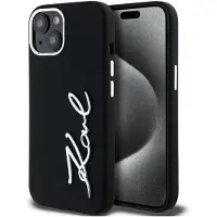 Karl Lagerfeld -etui i silikon med metallskriftlogo iPhone 15 - svart