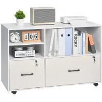 Vevor treskap med 2 skuffer, mobilt arkivskap med åpne hyller, låsbar, sideveis rullende arkivoppbevaring med justerbare hyller, frittstående skriverstativ for hjemmekontor/skole, hvit
