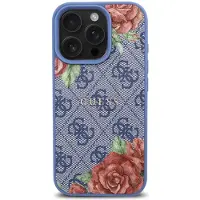 GUESS 4G Flowers Print MagSafe-etui for iPhone 16 Pro - blå