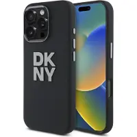 DKNY Liquid Silicone metallogo iPhone 16 Pro-etui - svart