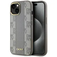 DKNY MagSafe iPhone 15 Plus-etui i skinn med rutete ensfarget mønster - Beige