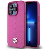 DKNY MagSafe-etui i lær med monogrammønster og metalllogo for iPhone 15 Pro - Rosa
