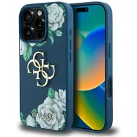 GUESS Grained Roses Big 4G-logoetui for iPhone 16 Pro - blå