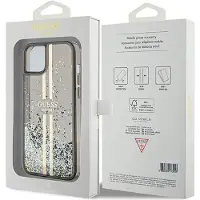 GUESS Liquid Glitter Gold Stripes-etui for iPhone 15 Plus / 14 Plus - svart