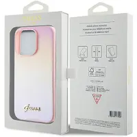 GUESS Saffiano Iridescent Script-etui for iPhone 15 Pro - rosa