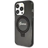 GUESS Ring Stand Script Glitter MagSafe-etui for iPhone 13 Pro Max - svart