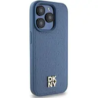 DKNY MagSafe-etui i lær med monogrammønster og metalllogo for iPhone 15 Pro - Blå