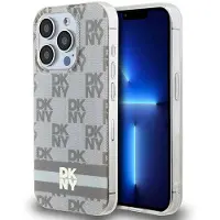 DKNY IML MagSafe-etui med rutete ensfarget mønster og trykte striper til iPhone 14 Pro Max - beige