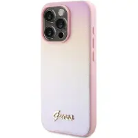 GUESS Saffiano Iridescent Script-etui for iPhone 14 Pro - rosa