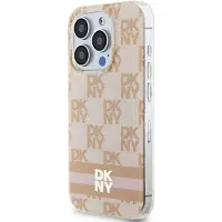 DKNY IML MagSafe-etui med rutete ensfarget mønster og trykte striper til iPhone 15 Pro Max - rosa