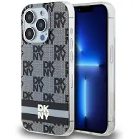 DKNY IML MagSafe-etui med rutete ensfarget mønster og trykte striper til iPhone 15 Pro - Svart