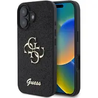 GUESS iPhone 16 Fixed Glitter 4G Metal Logo Deksel - Svart