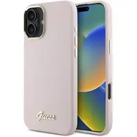 GUESS Silikon Skrift metallogo og ramme iPhone 16-etui - rosa