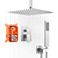 Vevor dusjkransett, regndusjsystem for bad med 12-tommers (30,5 cm) firkantet regndusjhode og håndholdt spray, takmontert badekararmatur med messingventil og pyntesett, børstet nikkel