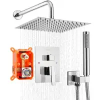 Vevor dusjkransett, regndusjsystem for bad med 10-tommers (25,4 cm) firkantet regndusjhode og håndholdt spray, veggmonterte badekararmaturer med messingventil og pyntesett, sølvkrom