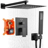 Vevor dusjkransett, regndusjsystem for bad med 12-tommers (30,5 cm) firkantet regndusjhode og håndholdt spray, veggmonterte badekararmaturer med messingventil og pyntesett, matt svart