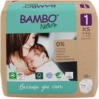 Bambo Nature Babybleie, tapebleie, miljømerket, , 1, papirpose, papirpose, 2-4 kg - (6 pakker x 22 stk.)