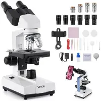 Vevor kikkertmikroskop for voksne, profesjonelt sammensatt mikroskopsett med 40–5000 ganger forstørrelse, dobbelt trinn og to sett med okularer, hus i aluminiumslegering, inkluderer LED-lys og telefon