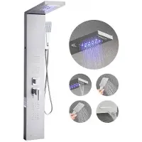 Vevor dusjpaneltårnsystem med regndusjhode med vannfall, LED, 53 tommer dusjsøyle i børstet rustfritt stål, 5-funksjonskran, veggmontert regnmassasjesystem, med håndholdt og badekartut