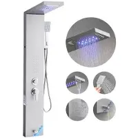 Vevor dusjpaneltårnsystem med regndusjhode med foss, LED, 53 tommer dusjsøyle i børstet rustfritt stål, 5-funksjonskran, veggmontert regnmassasjesystem, med håndholdt dusjhode, badekartut